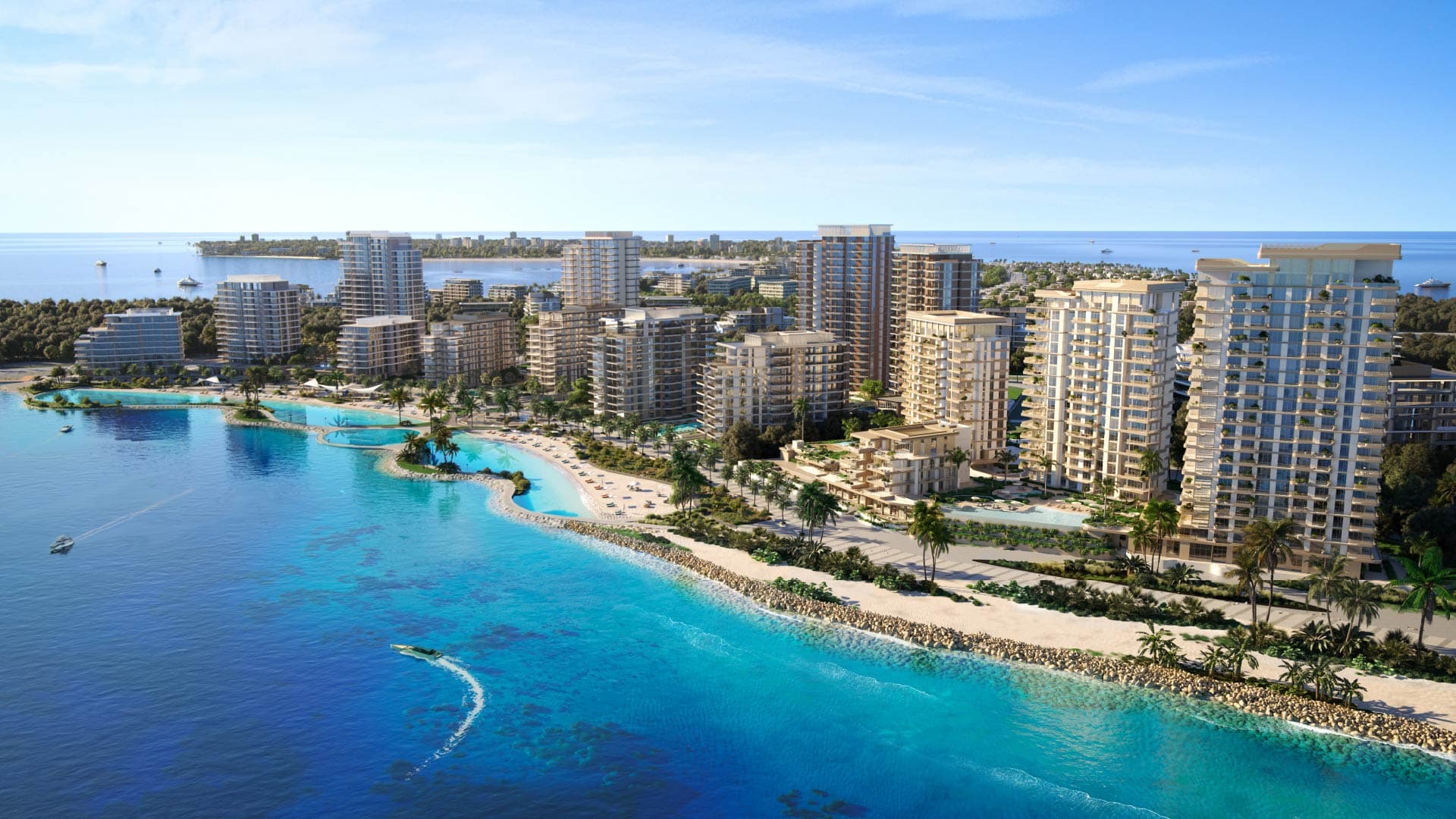 Bay Grove Residences render, low-rise waterfront apartment buildings surrounded by greenery on Dubai Islands