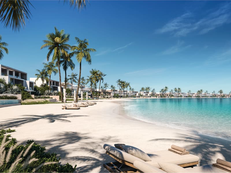Bay Villas Dubai Islands render, modern villas with pools along the waterfront